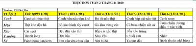 Thực đơn Tuần 2 của tháng 11
