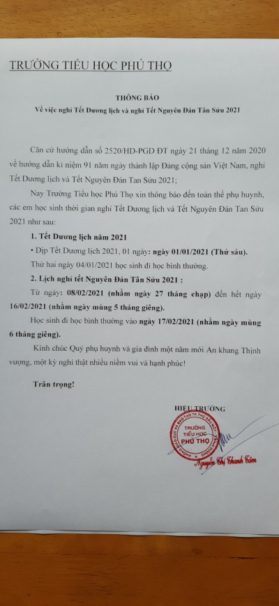 Thông báo nghỉ Tết Dương lịch và Tết Nguyên Đán Tân Sửu 2021