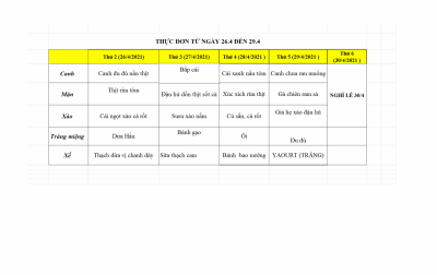 Thực đơn bán trú - Áp dụng từ ngày 24.4 đến 29.4 năm 2021