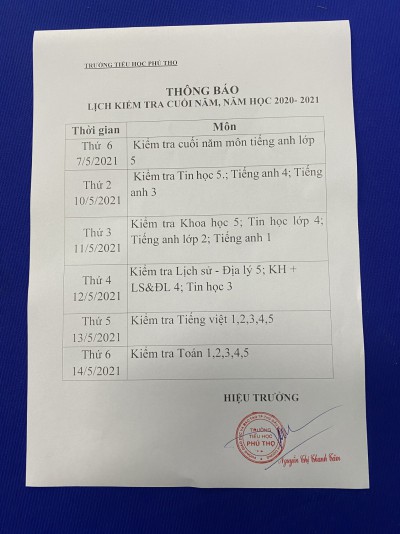 Thống báo lịch kiểm tra cuối năm, năm học 2020-2021