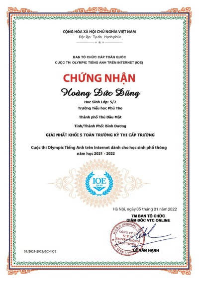 CHÚC MỪNG CÁC EM HỌC SINH ĐẠT THÀNH TÍCH CAO TRONG CUỘC THI OLYMPIC TIẾNG ANH TRÊN INTERNET (IOE) CẤP QUỐC GIA - NĂM HỌC 2021 – 2022