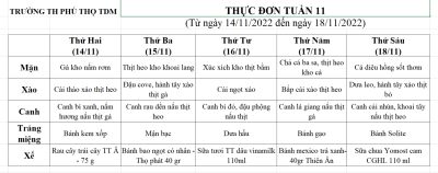 Thực đơn tuần 11 (Từ ngày 14/11/2022 đến ngày 18/11/2022)