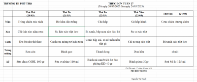 Thực Đơn tuần 27 (Từ ngày 20/03/2023 đến ngày 24/03/2023)
