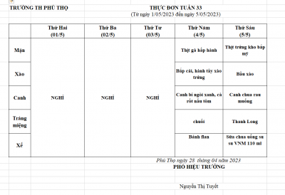 Thực đơn tuần 33 từ ngày 01/05 đến ngày 5/5/2023