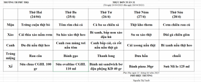 Thực đơn tuần 32 (Từ ngày 24/04/2023 đến ngày 28/04/2023)