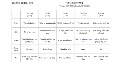 Thực đơn tuần 2 (Từ ngày 11/9/2023 đến ngày 15/9/2023