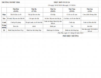 Thực đơn tuần 24 (từ ngày 26/02/2024 đến ngày 01/3/2024)