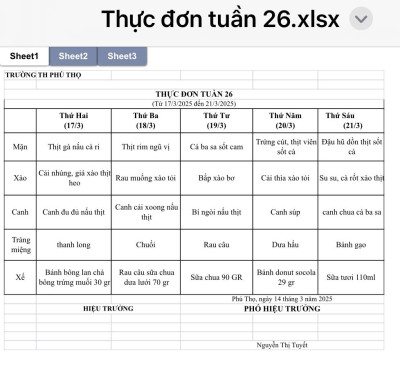 THỰC ĐƠN TUẦN 26 (Từ 17/03/2025 đến 21/03/2025)