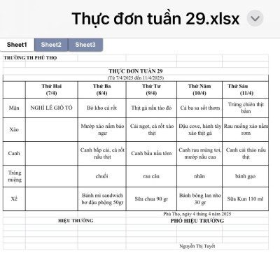 THỰC ĐƠN TUẦN 29 (Từ 07/4/2025 đến 11/4/2025)