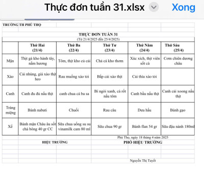 THỰC ĐƠN TUẦN 35 (Từ 19/5/2025 đến 23/5/2025)