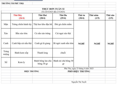 THỰC ĐƠN TUẦN 35 (Từ 19/5/2025 đến 23/5/2025)