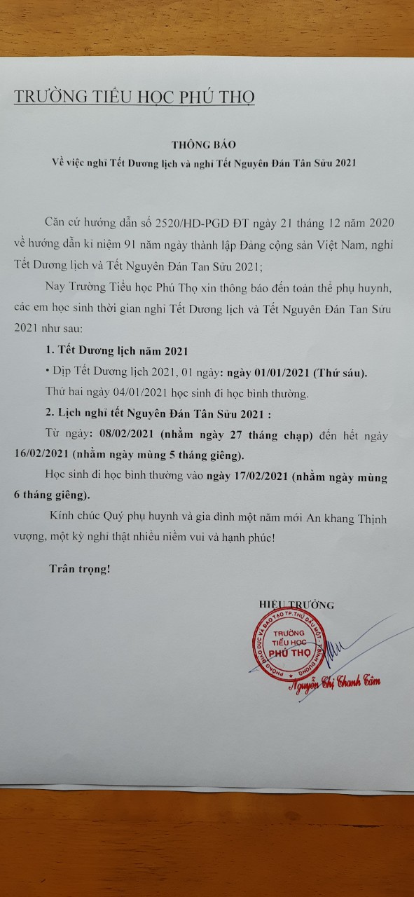 Thông báo nghỉ Tết Dương lịch và Tết Nguyên Đán Tân Sửu 2021