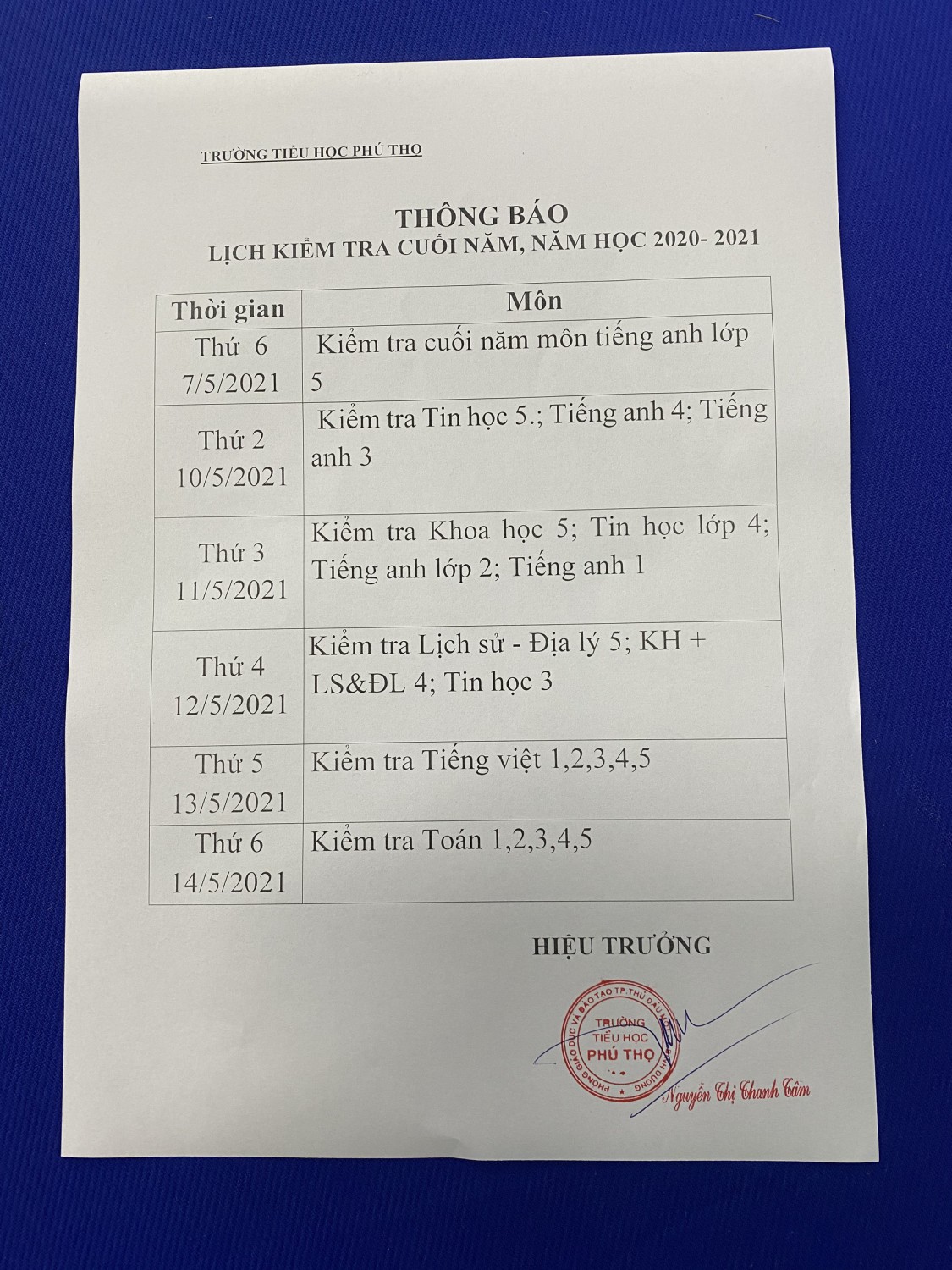 Thống báo lịch kiểm tra cuối năm, năm học 2020-2021