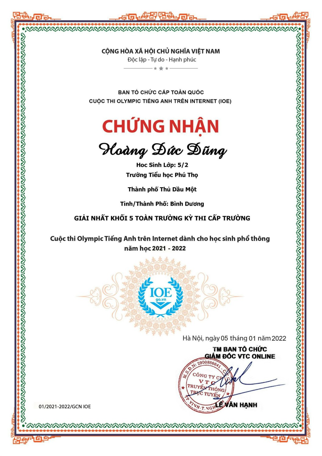 CHÚC MỪNG CÁC EM HỌC SINH ĐẠT THÀNH TÍCH CAO TRONG CUỘC THI OLYMPIC TIẾNG ANH TRÊN INTERNET (IOE) CẤP QUỐC GIA - NĂM HỌC 2021 – 2022