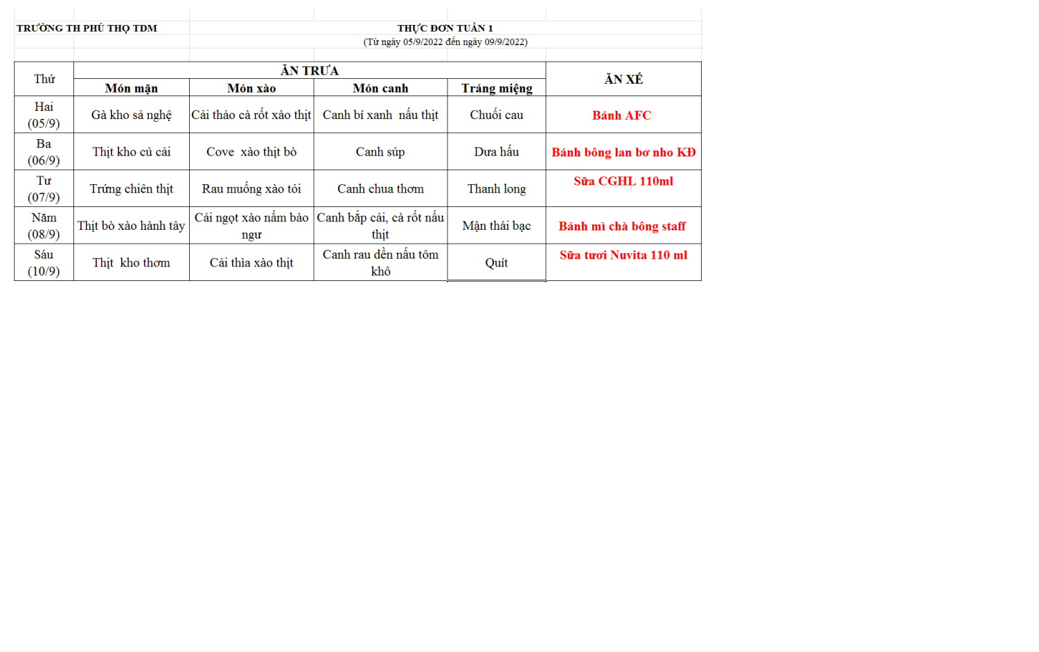 Thực đơn tuần 1 ( Từ ngày 05/9/2022 đến ngày 09/9/2022