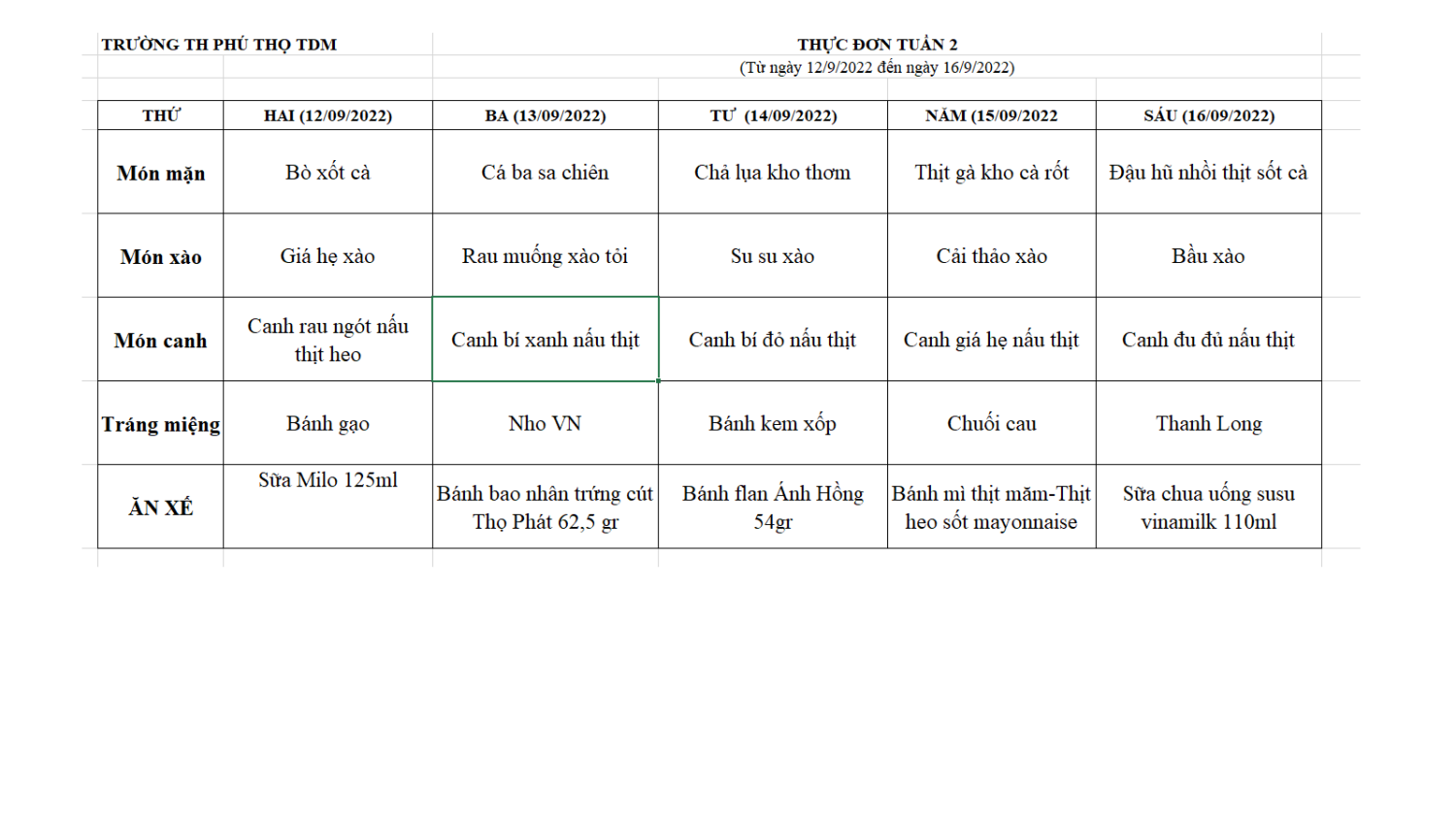 Thực đơn tuần 2 (Từ ngày 12/9/2022 đến ngày 16/9/2022)