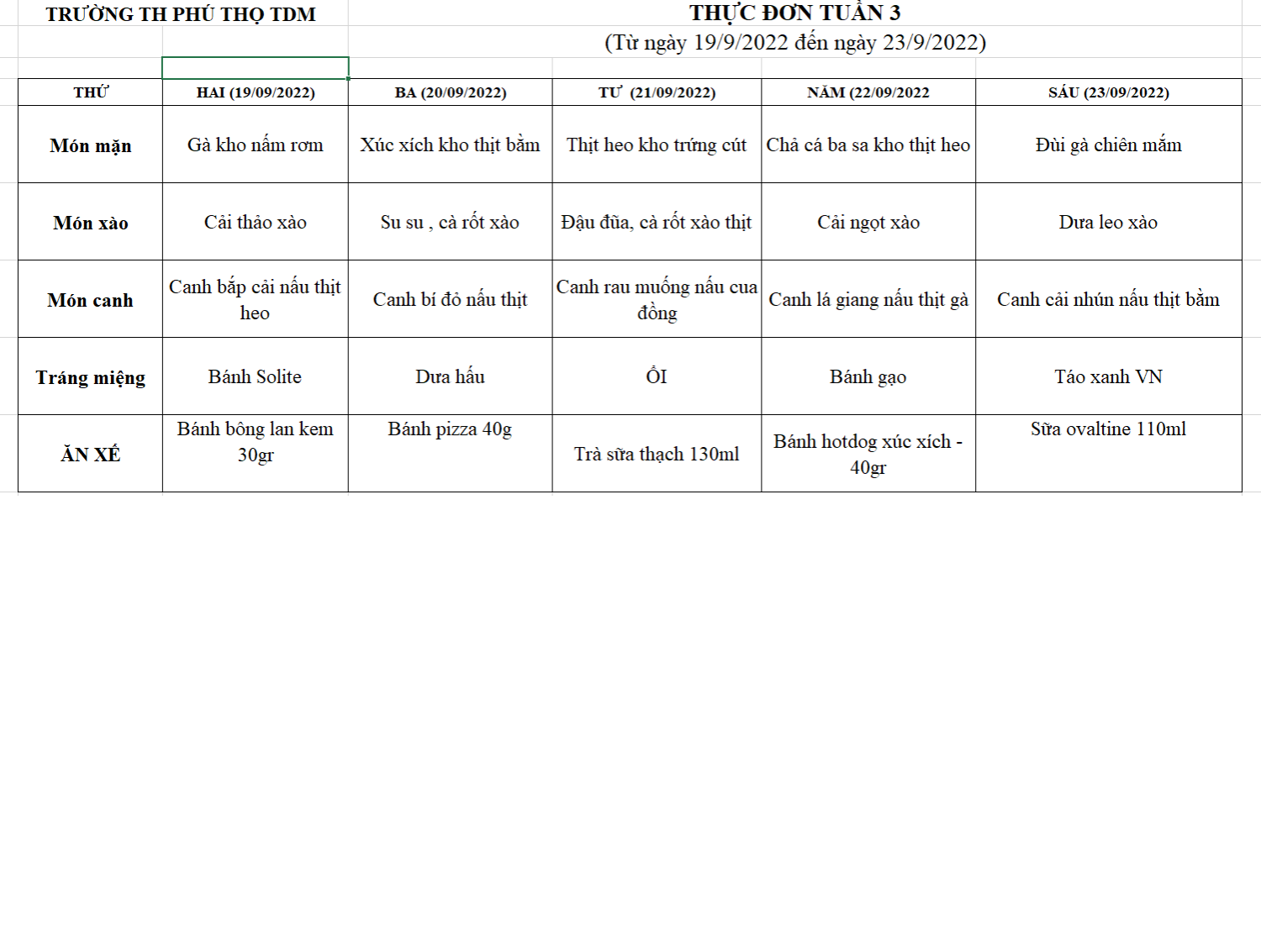 Thực đơn tuần 3 (Từ ngày 19/9/2022 đến ngày 23/9/2022)