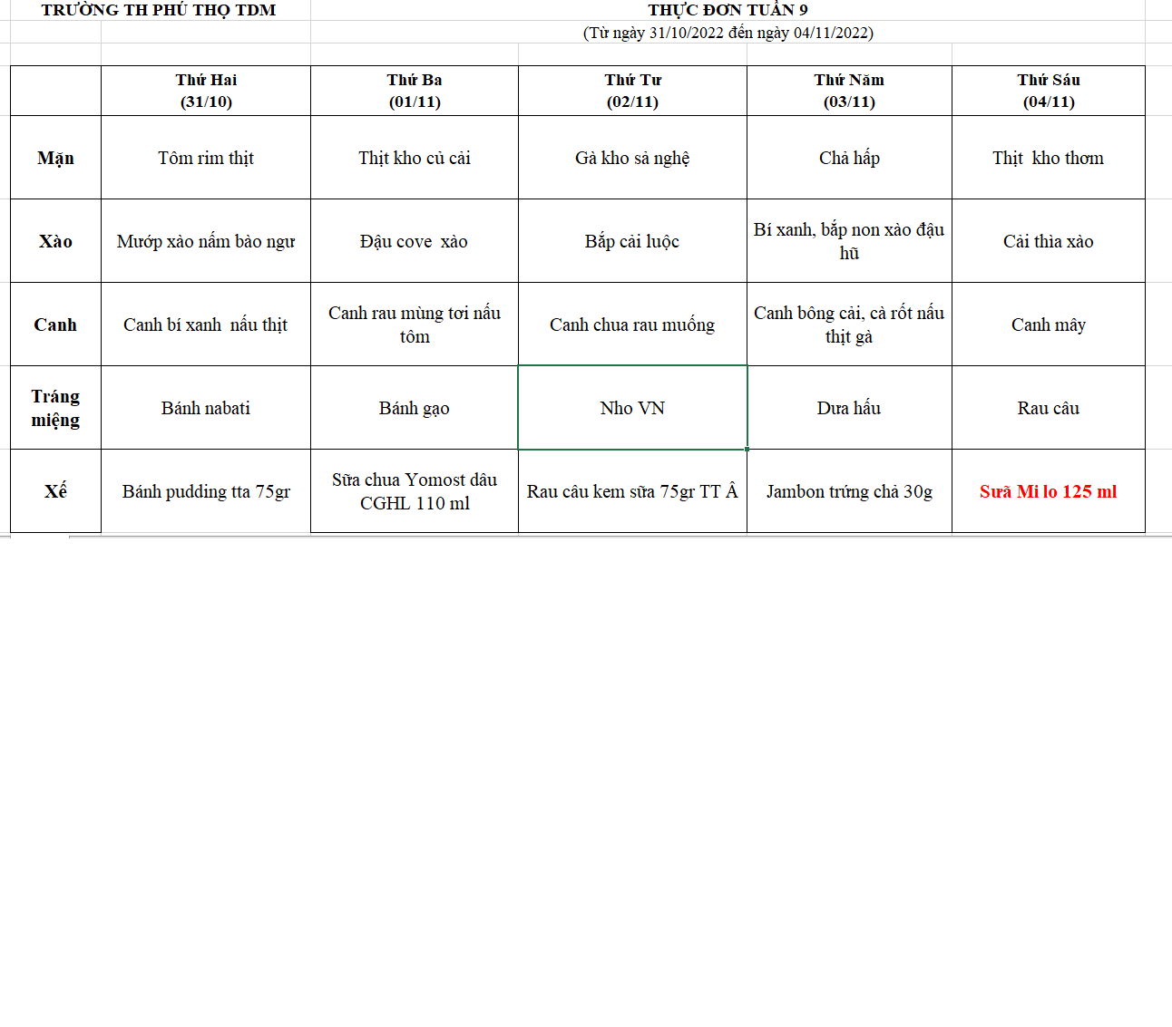 Thực đơn tuần 9 (Từ ngày 31/10/2022 đến ngày 04/11/2022)