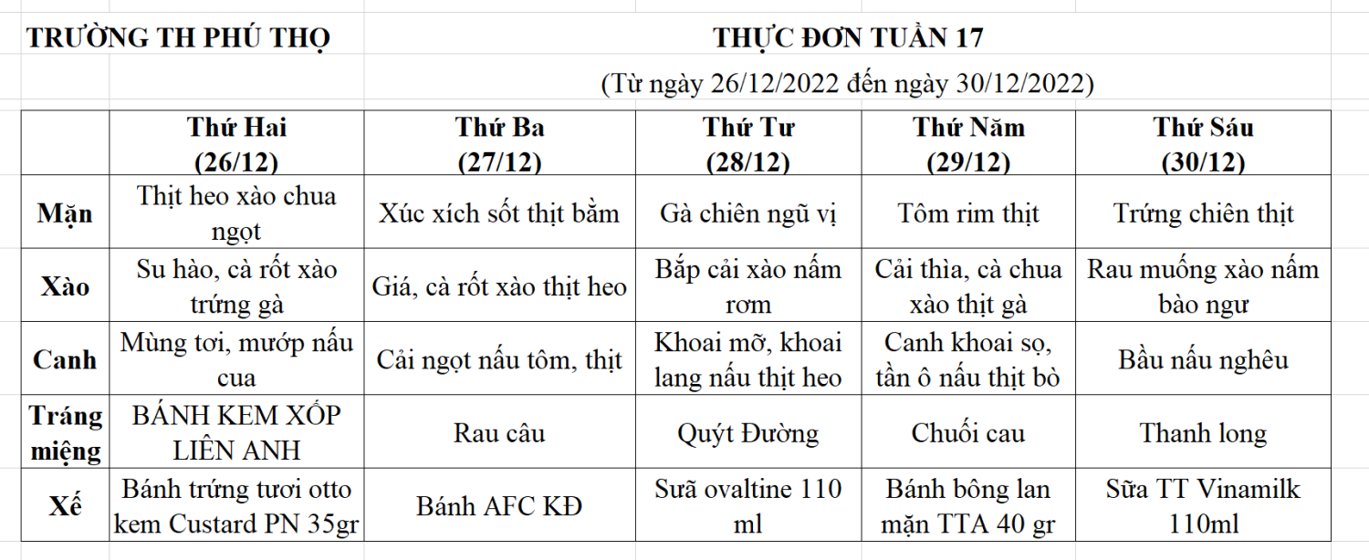 THỰC ĐƠN TUẦN 17 (Từ ngày 26/12/2022 đến ngày 30/12/2022)