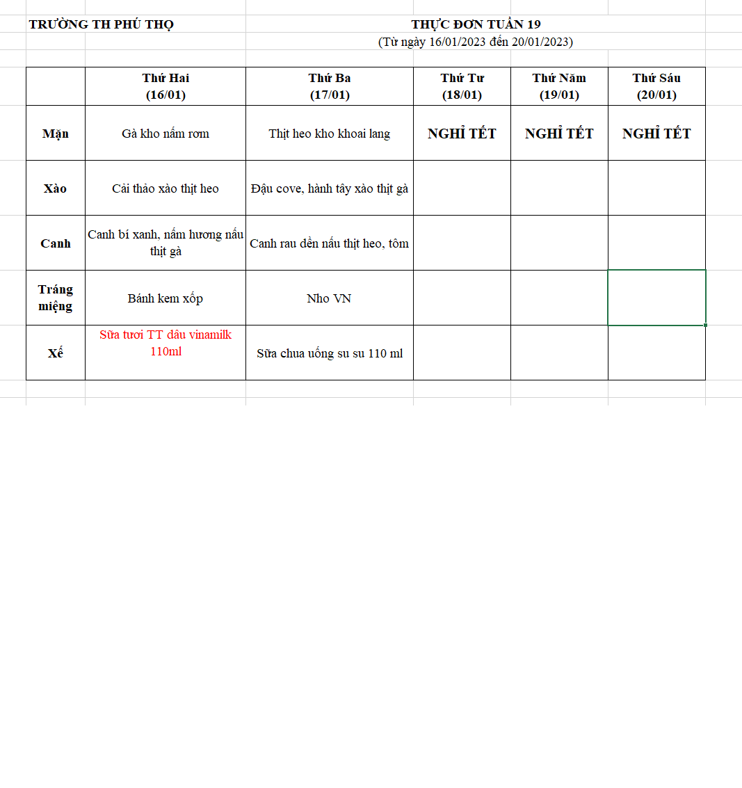 Thực đơn Tuần 19 (Từ ngày 16/01/2023 đến 20/01/2023)