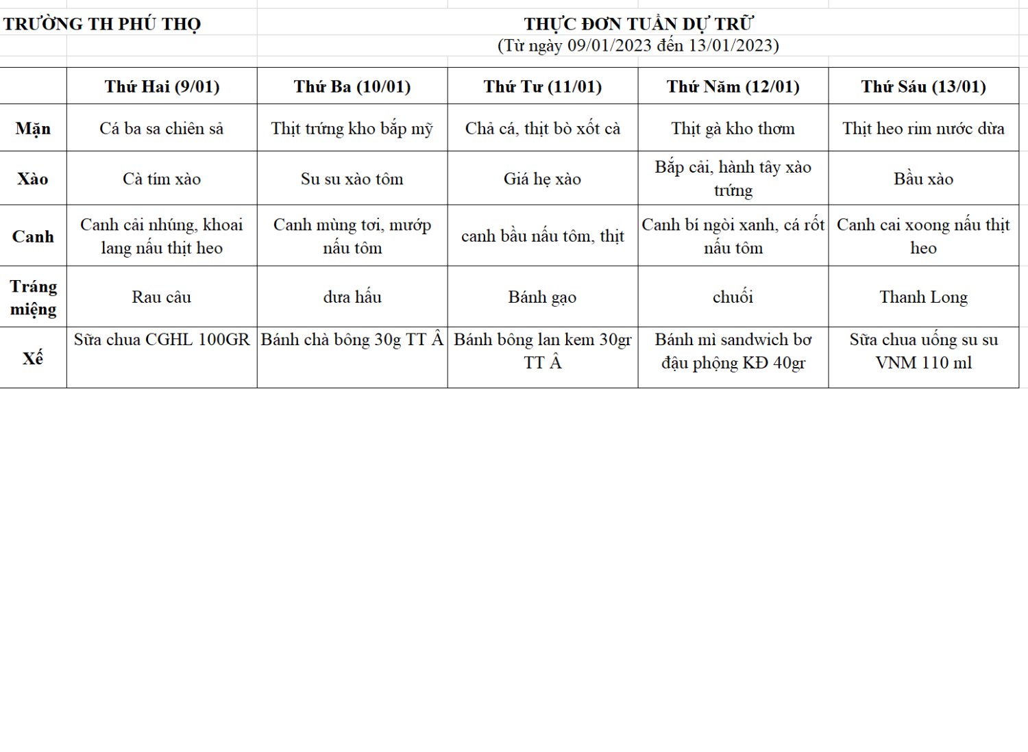Thực đơn tuần dự trữ