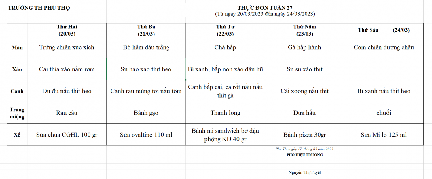 Thực Đơn tuần 27 (Từ ngày 20/03/2023 đến ngày 24/03/2023)