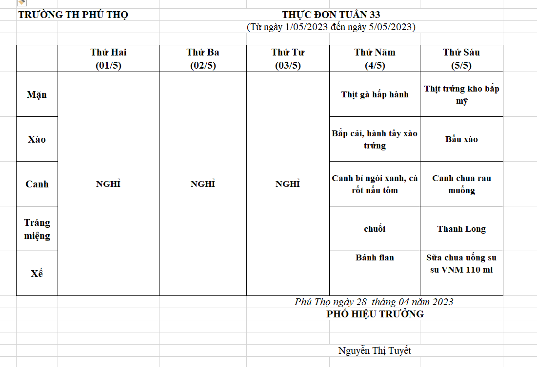 Thực đơn tuần 33 từ ngày 01/05 đến ngày 5/5/2023