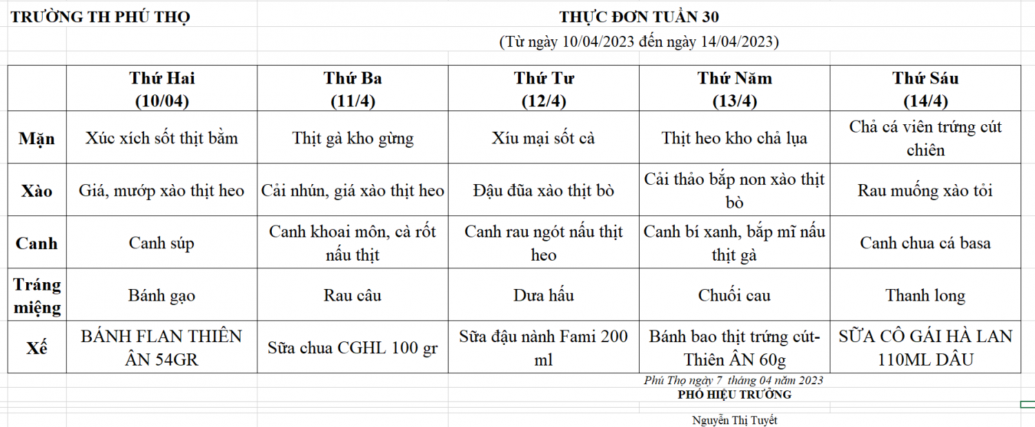 Thực đơn tuần 30 (Từ ngày 10/04/2023 đến ngày 14/04/2023)