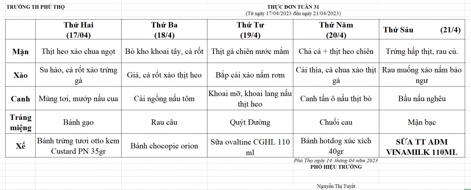 Thực đơn tuần 31 (Từ ngày 17/04/2023 đến ngày 21/04/2023)