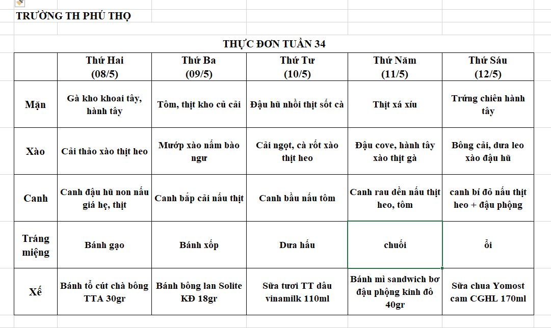 Thực đơn tuần 34 (Từ ngày 8/5 đến ngày 12/5/2023)