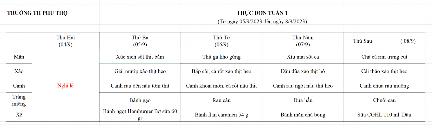 Thực đơn tuần 1 (Từ ngày 05/9/2023 đến ngày 8/9/2023)