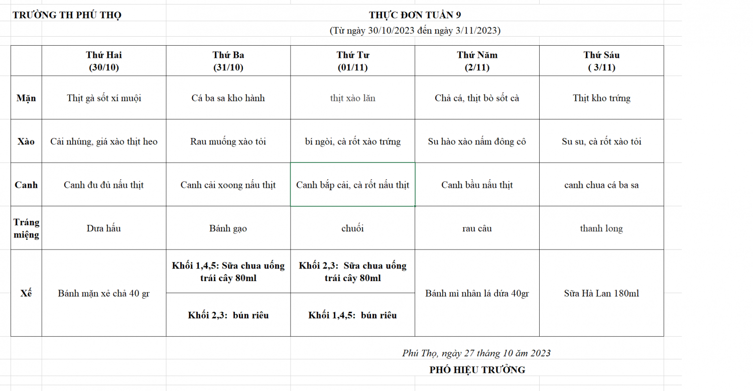 THỰC ĐƠN TUẦN 9 (Từ ngày 30/10/2023 đến ngày 3/11/2023)