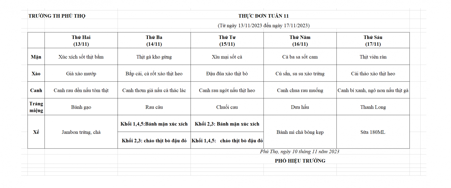 Thực đơn tuần 11 (Từ ngày 13/11/2023 đến ngày 17/11/2023)