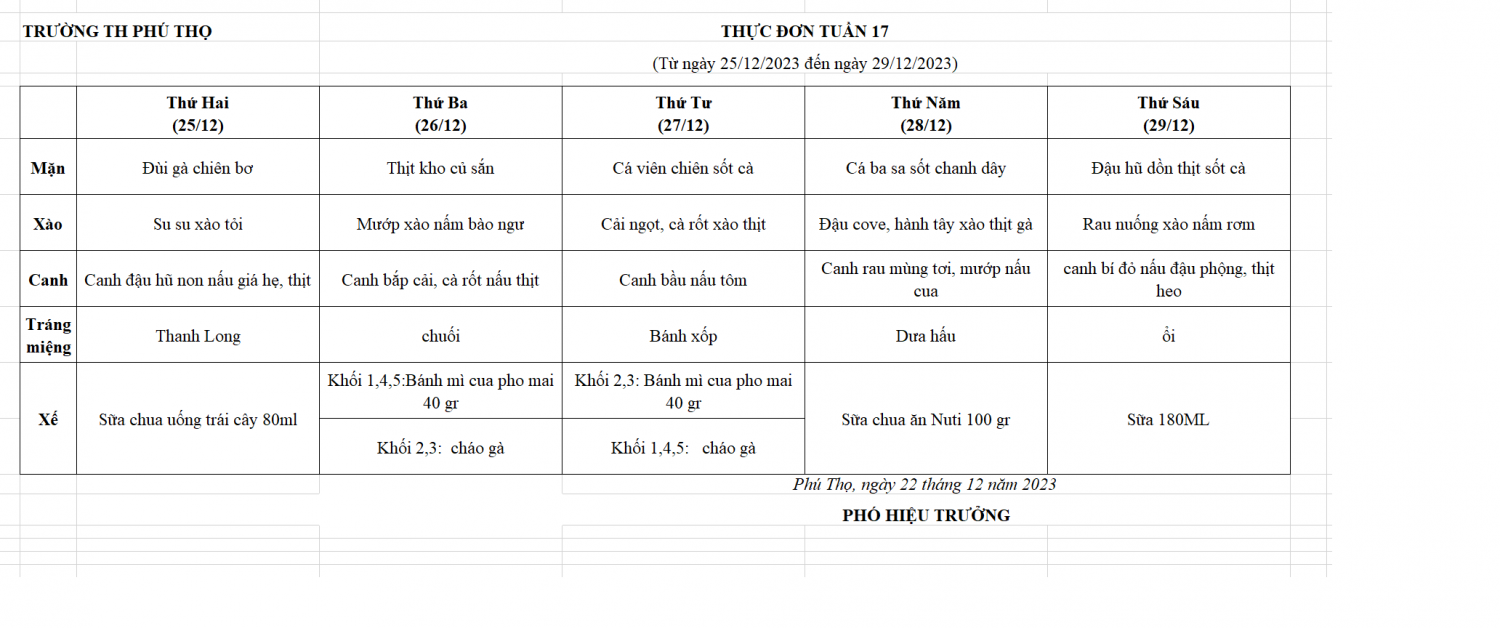 Thực đơn tuần 17 (Từ ngày 25/12/2023 đến ngày 28/12/2023)
