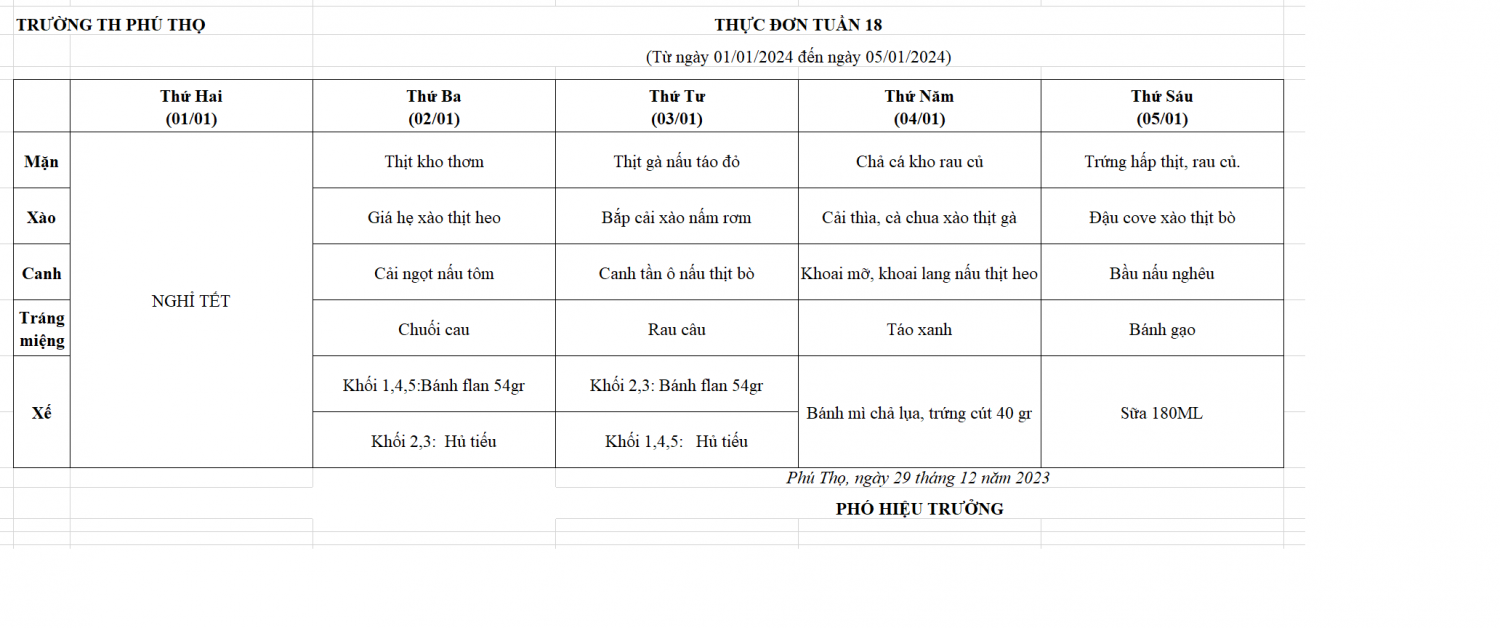 Thực đơn tuần 18 (Từ ngày 01/01/2024 đến ngày 05/01/2024)