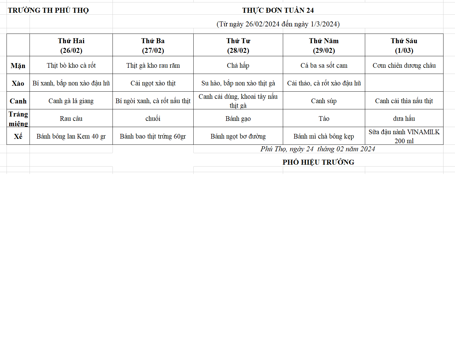 Thực đơn tuần 24 (từ ngày 26/02/2024 đến ngày 01/3/2024)