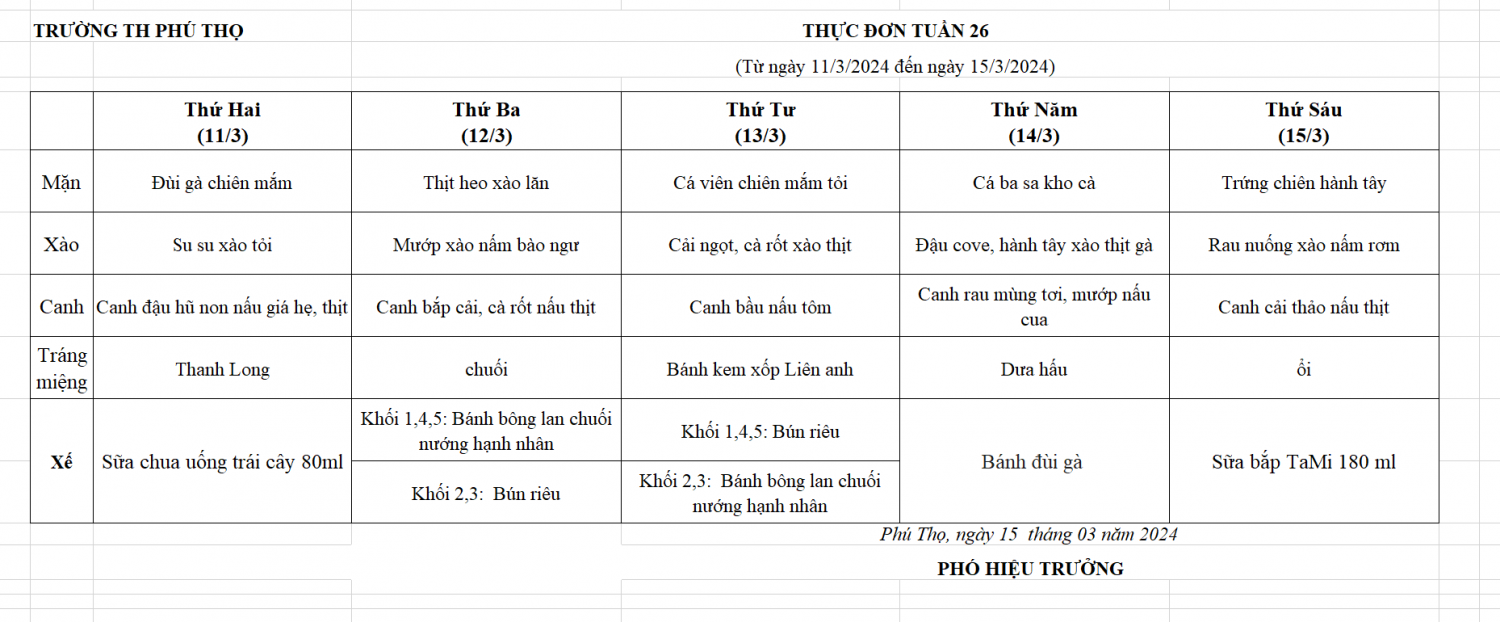 Thực Đơn Tuần 26 (Từ ngày 11/3/2024 đến ngày 15/3/2024)
