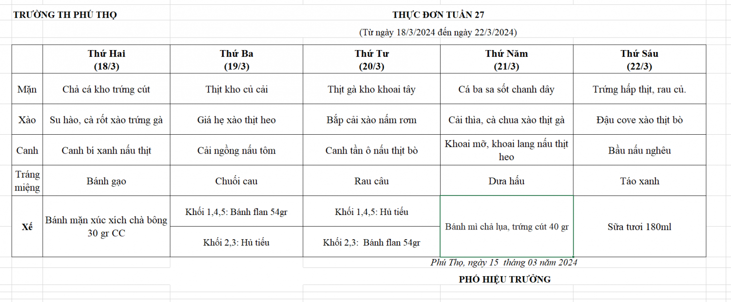 Thực đơn tuần 27 (Từ ngày 18/3/2024 đến ngày 22/3/2024)