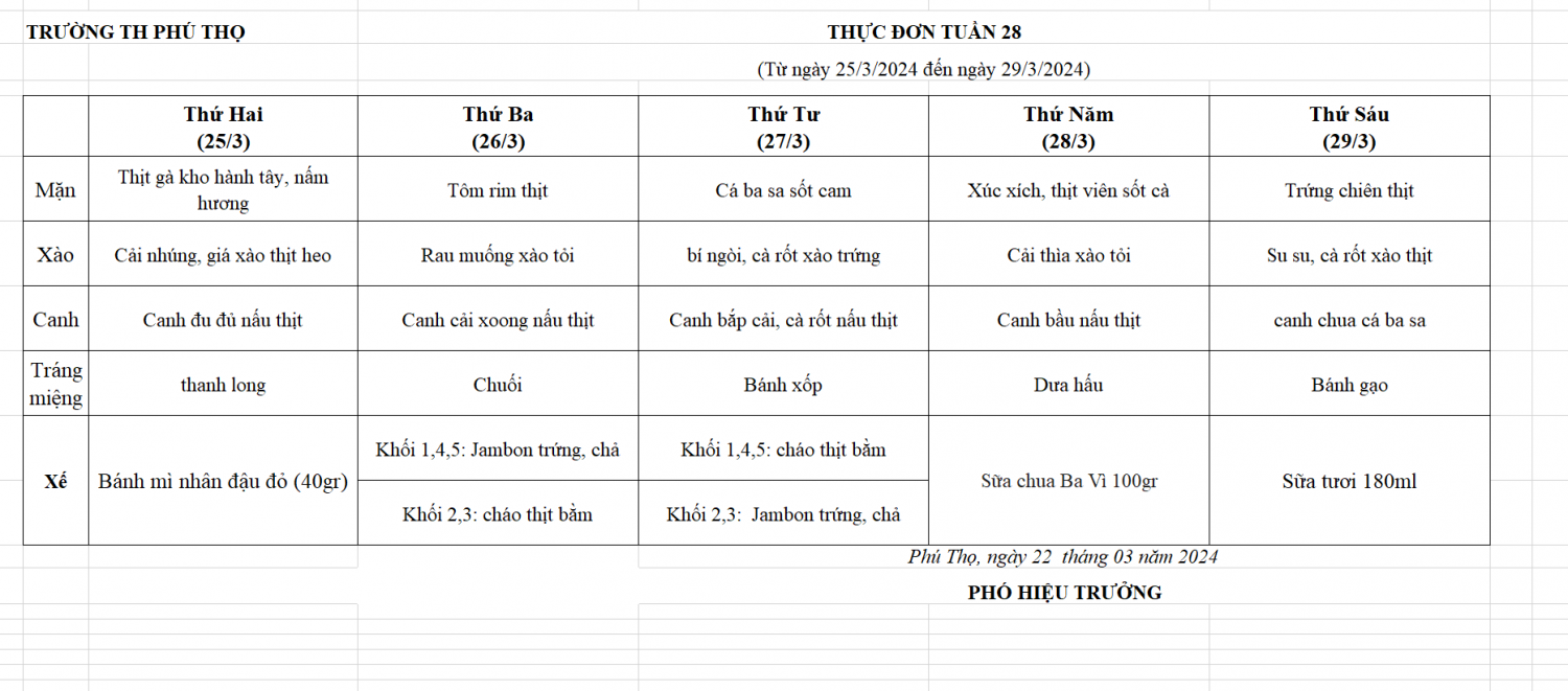Thực đơn tuần 28 (Từ ngày 25/3/2024 đến ngày 29/3/2024)