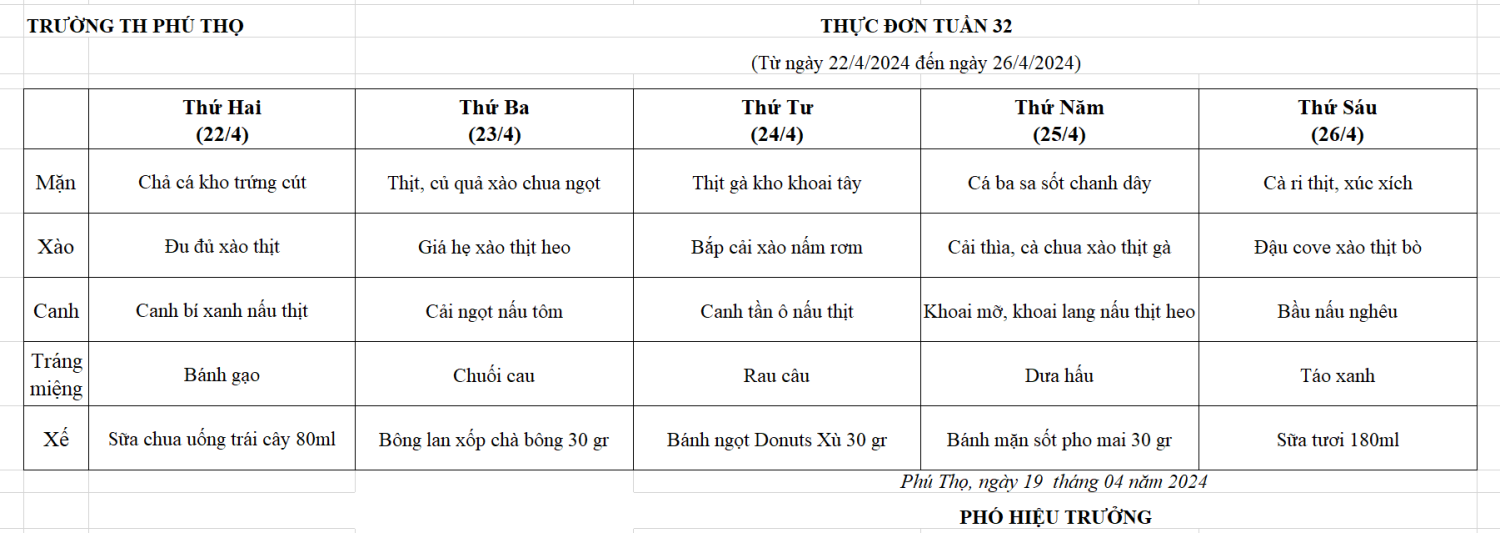 Thực đơn tuàn 32 (Từ ngày 22/4/2024 đến ngày 26/4/2024)