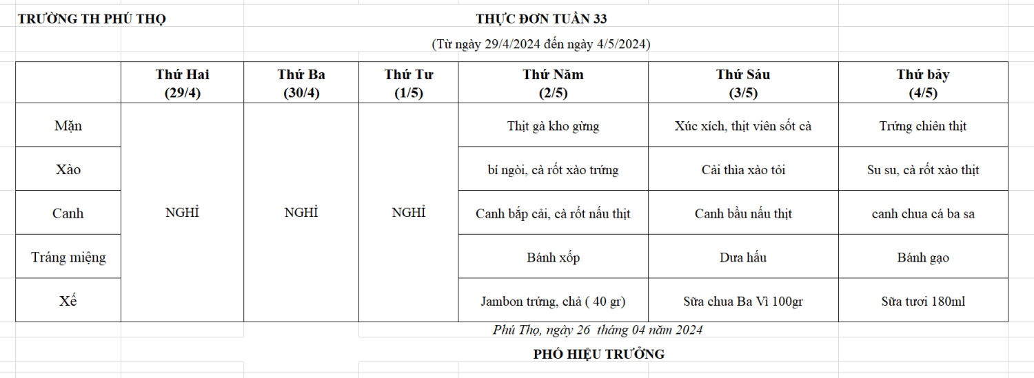 Thực đơn tuàn 33 (Từ ngày 29/4/2024 đến ngày 04/05/2024)