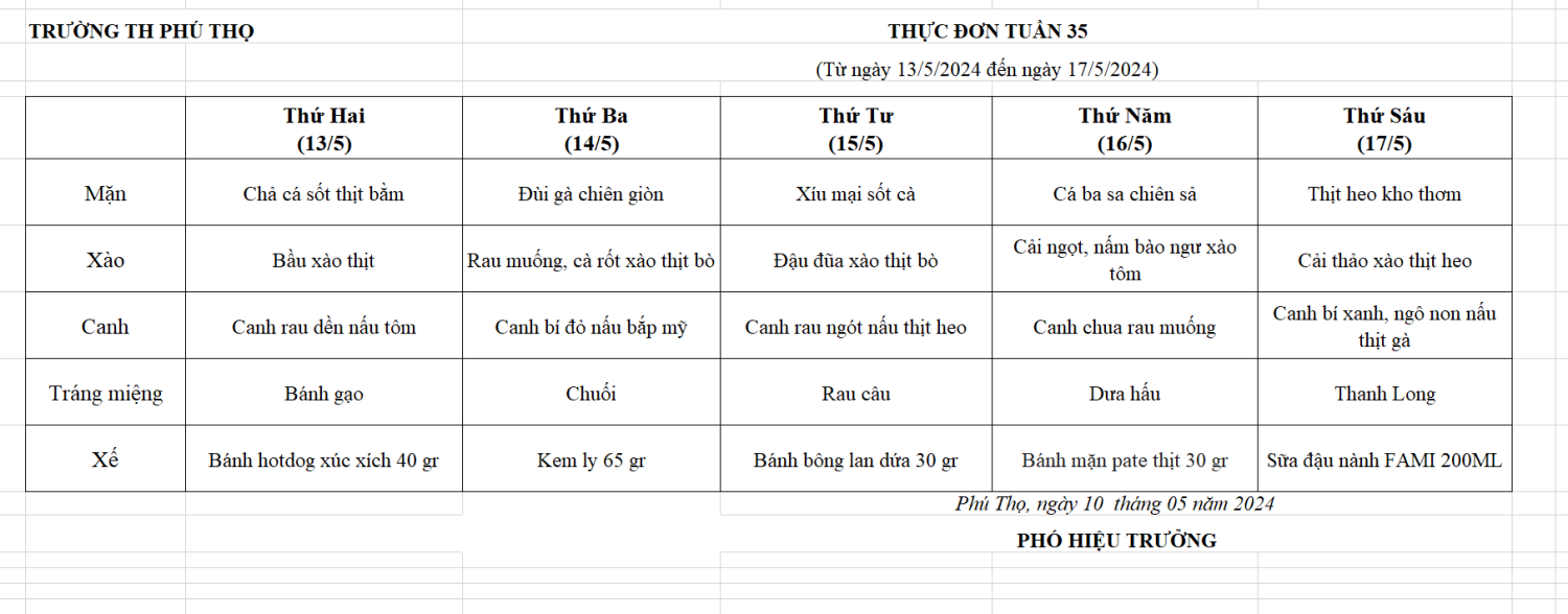 Thực đơn tuần 35 (Từ ngày 13/5/2024 đến ngày 17/5/2024)