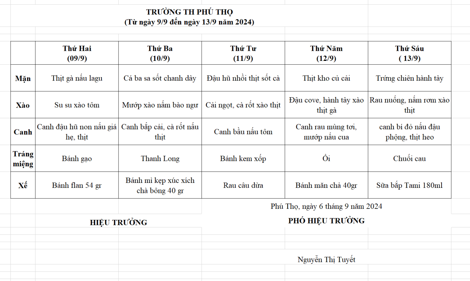 Thực đơn tuần 2 (Từ ngày 9/9 đến ngày 13/9 năm 2024)