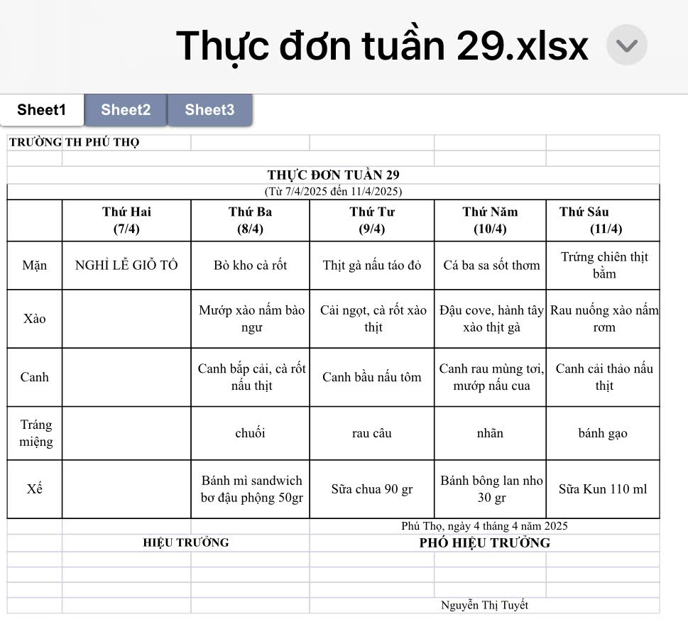THỰC ĐƠN TUẦN 29 (Từ 07/4/2025 đến 11/4/2025)