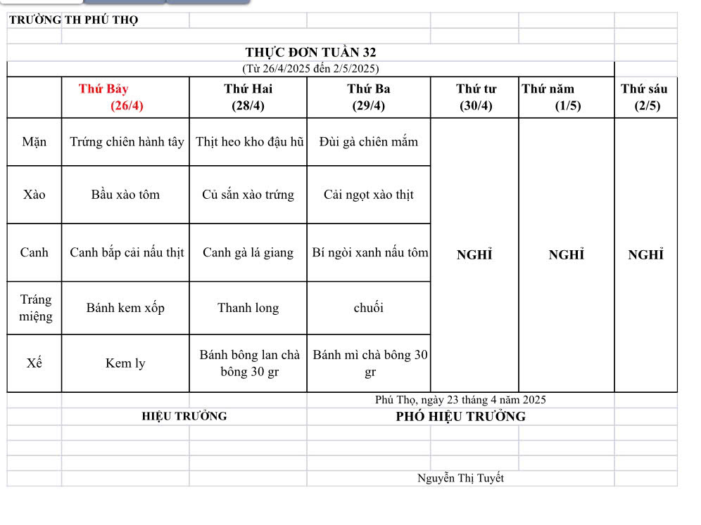 THỰC ĐƠN TUẦN 32 (Từ 26/4/2025 đến 02/5/2025)