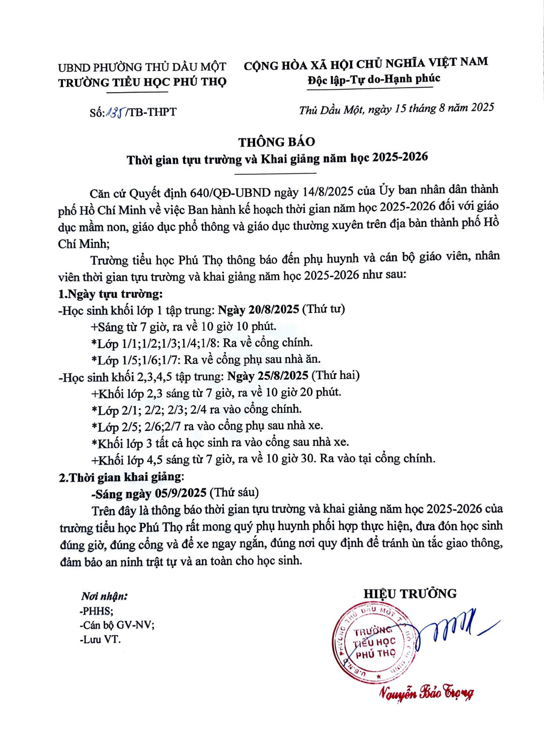 THONG BAO TỰU TRUONG KHAI GIẢNG
