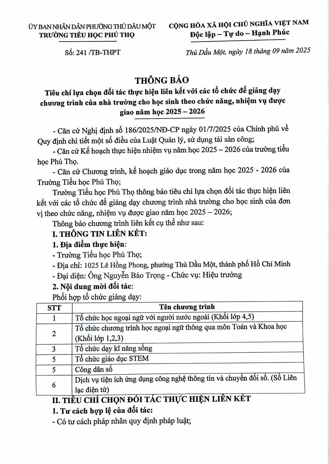 THÔNG BÁO TIEU CHÍ LỰA CHỌN ĐỐI TÁC hình ảnh 0
